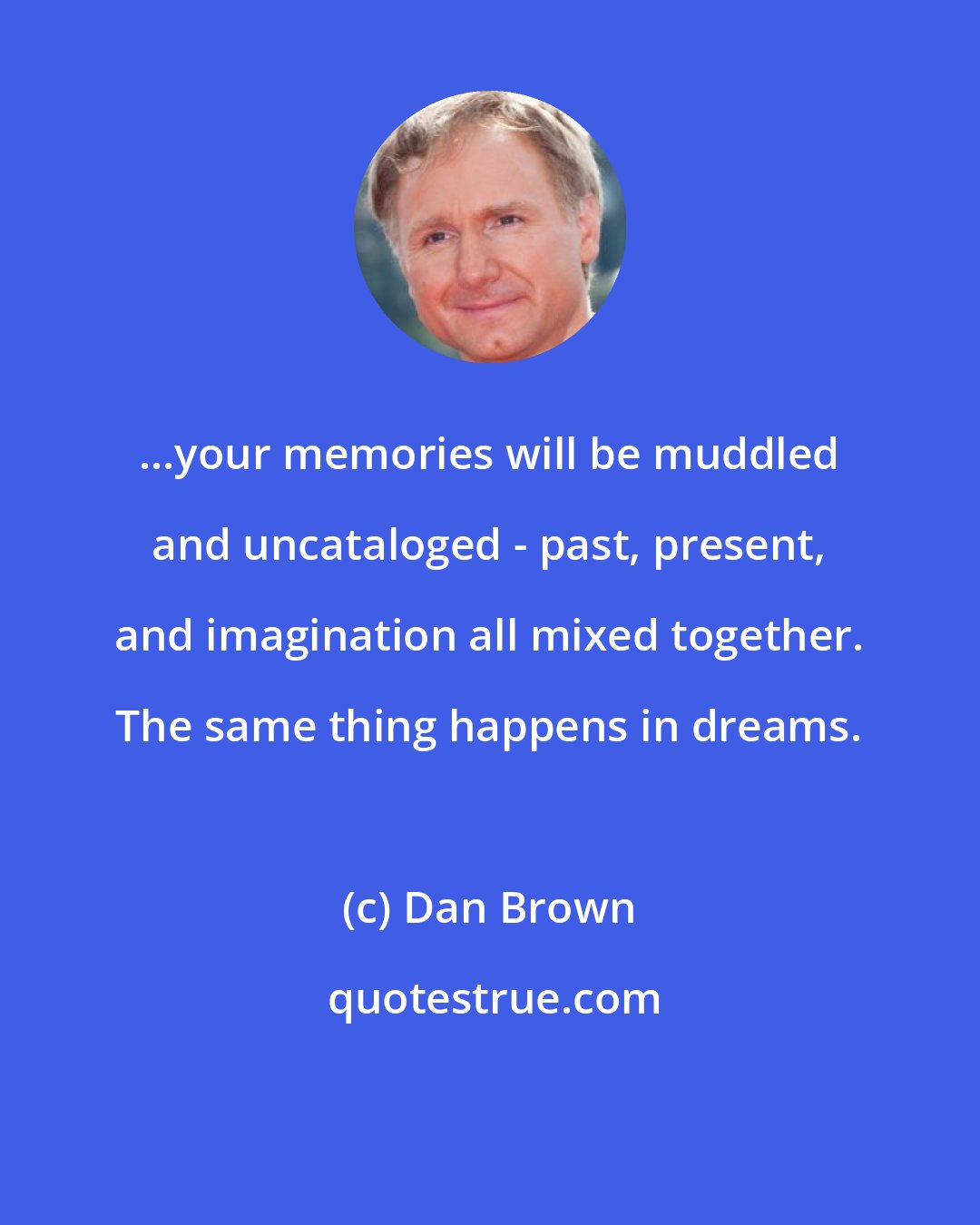 Dan Brown: ...your memories will be muddled and uncataloged - past, present, and imagination all mixed together. The same thing happens in dreams.