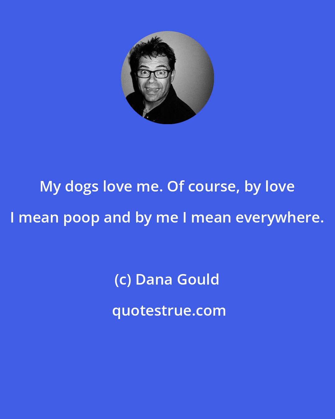 Dana Gould: My dogs love me. Of course, by love I mean poop and by me I mean everywhere.