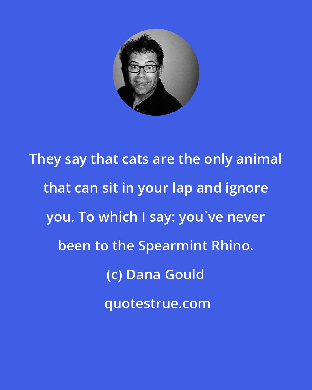 Dana Gould: They say that cats are the only animal that can sit in your lap and ignore you. To which I say: you've never been to the Spearmint Rhino.