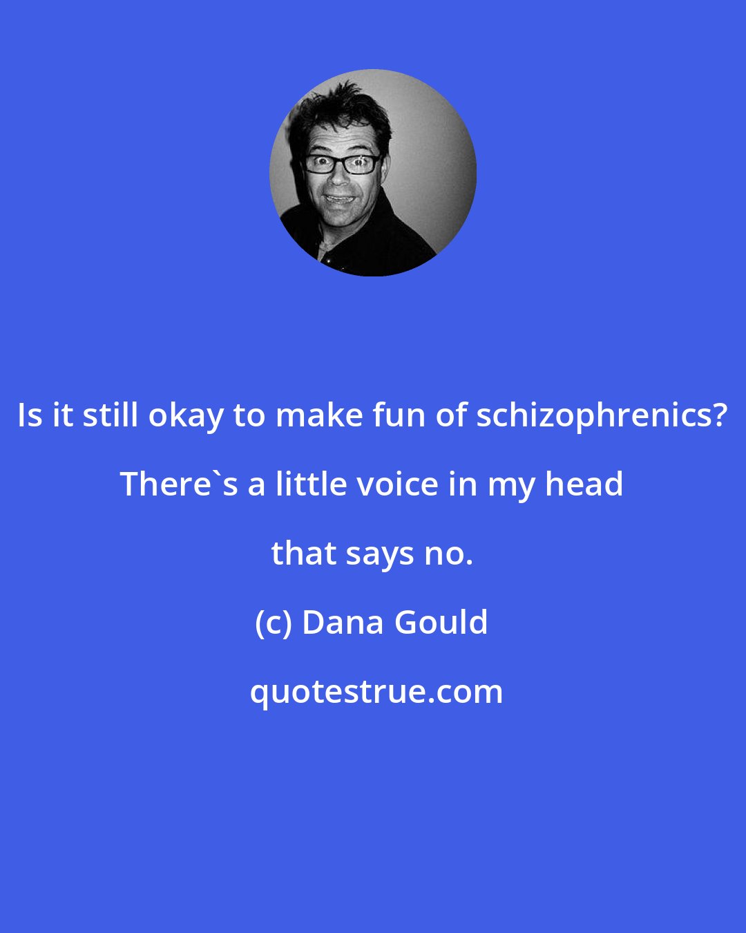 Dana Gould: Is it still okay to make fun of schizophrenics? There's a little voice in my head that says no.