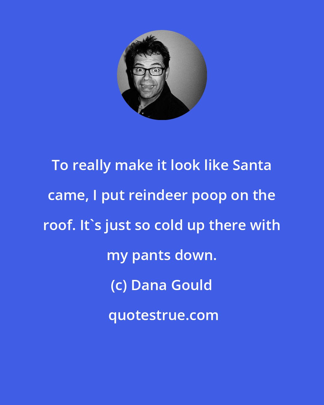 Dana Gould: To really make it look like Santa came, I put reindeer poop on the roof. It's just so cold up there with my pants down.