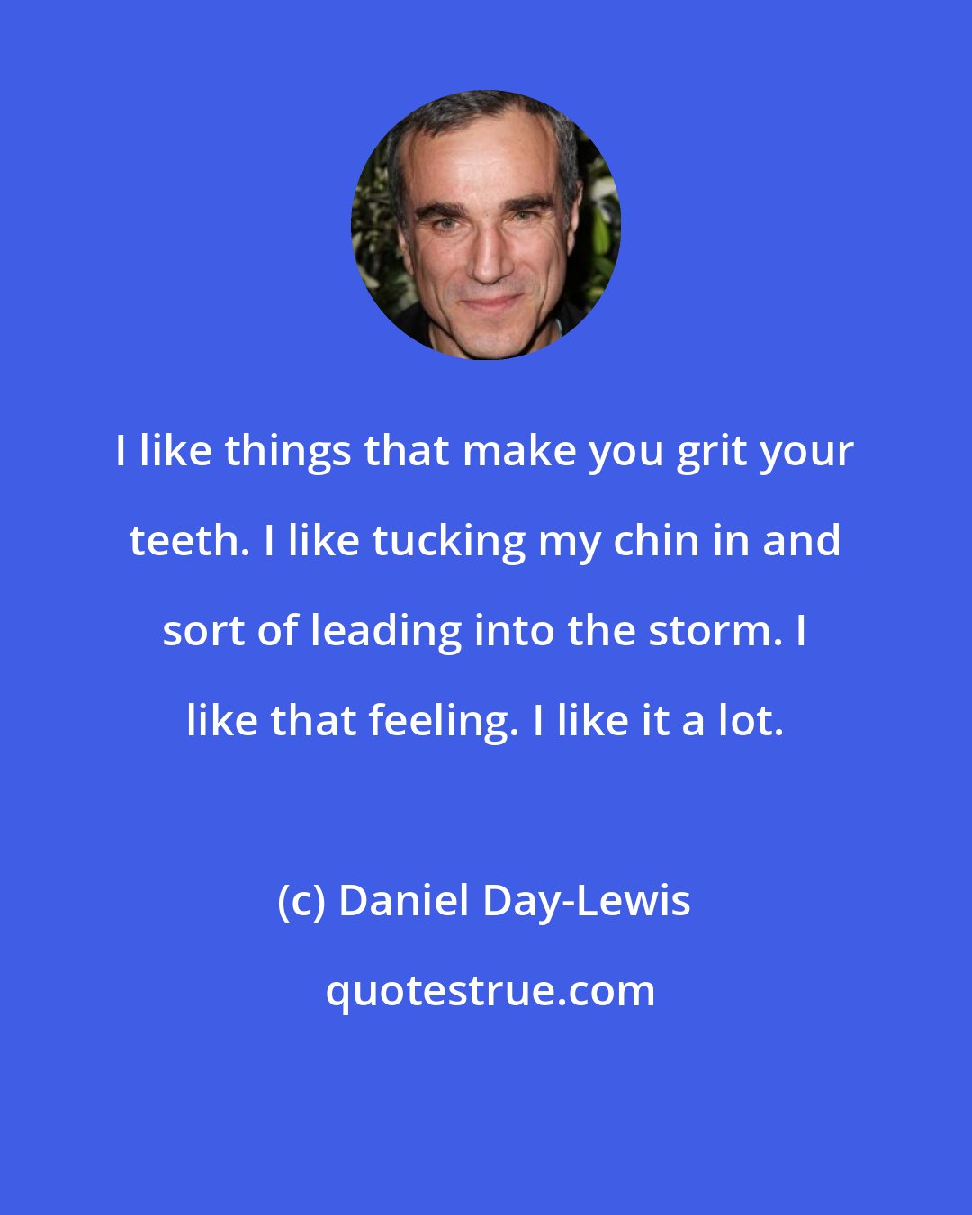 Daniel Day-Lewis: I like things that make you grit your teeth. I like tucking my chin in and sort of leading into the storm. I like that feeling. I like it a lot.