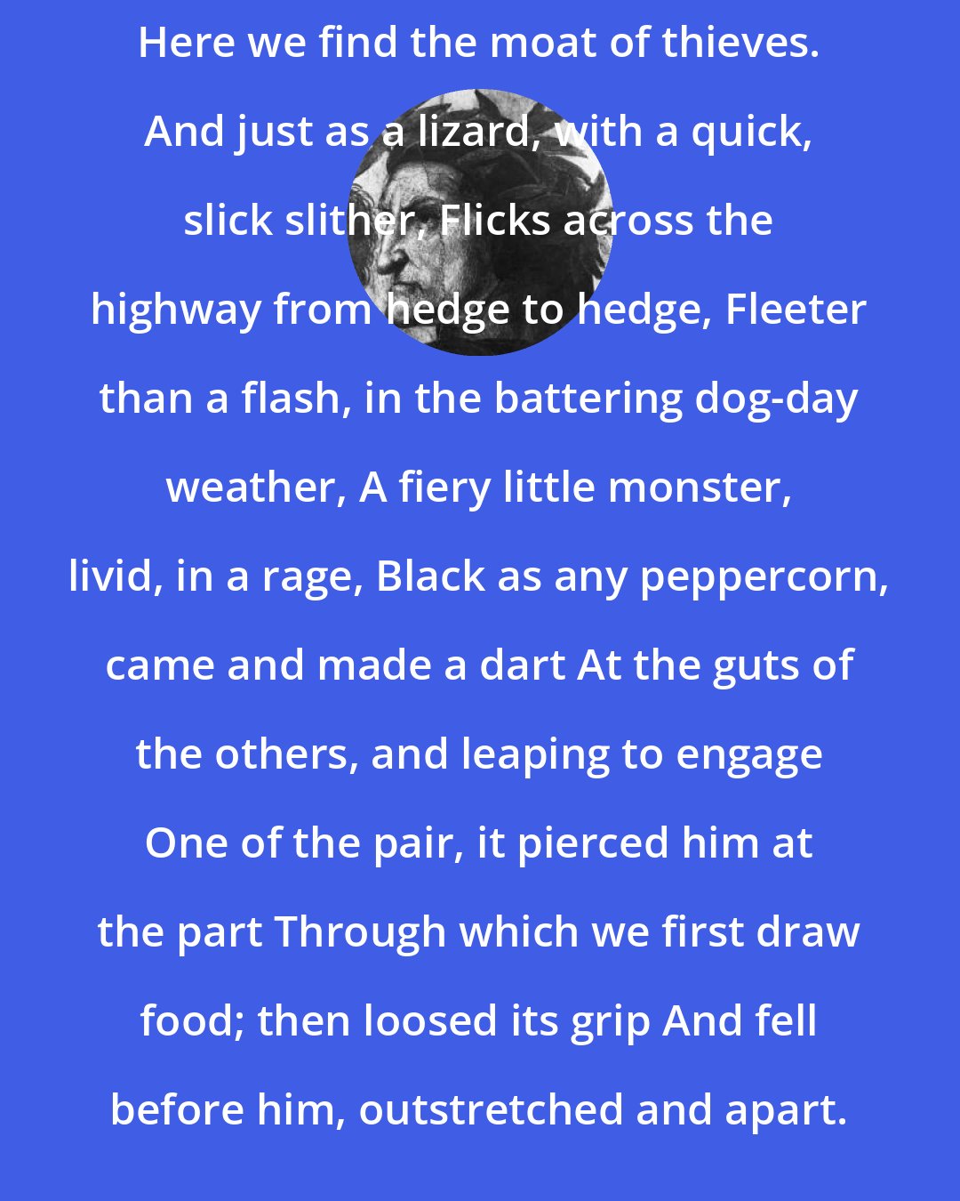 Dante Alighieri: Here we find the moat of thieves. And just as a lizard, with a quick, slick slither, Flicks across the highway from hedge to hedge, Fleeter than a flash, in the battering dog-day weather, A fiery little monster, livid, in a rage, Black as any peppercorn, came and made a dart At the guts of the others, and leaping to engage One of the pair, it pierced him at the part Through which we first draw food; then loosed its grip And fell before him, outstretched and apart.