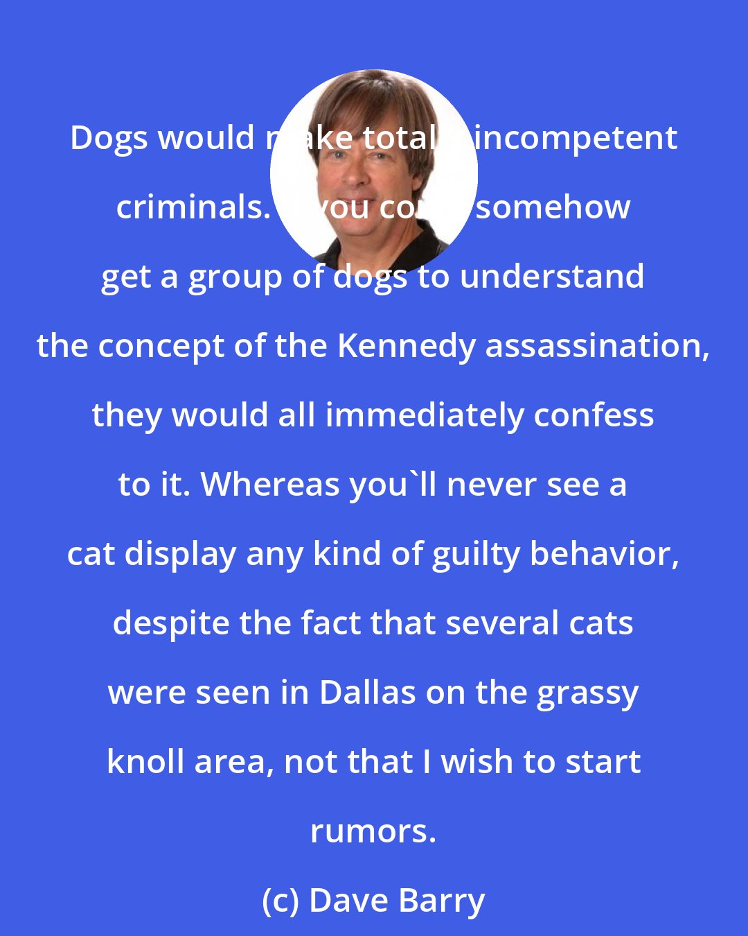 Dave Barry: Dogs would make totally incompetent criminals. If you could somehow get a group of dogs to understand the concept of the Kennedy assassination, they would all immediately confess to it. Whereas you'll never see a cat display any kind of guilty behavior, despite the fact that several cats were seen in Dallas on the grassy knoll area, not that I wish to start rumors.