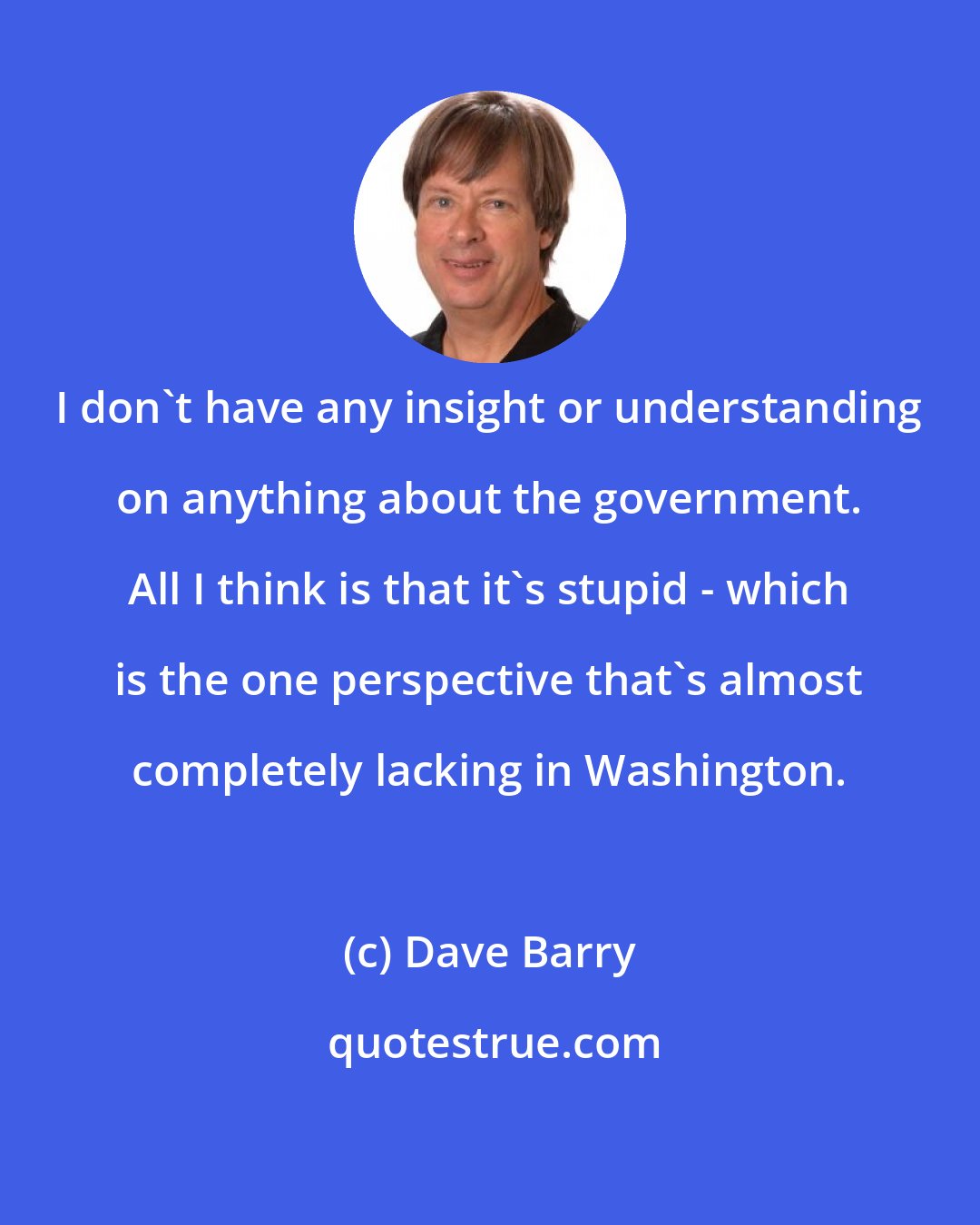 Dave Barry: I don't have any insight or understanding on anything about the government. All I think is that it's stupid - which is the one perspective that's almost completely lacking in Washington.