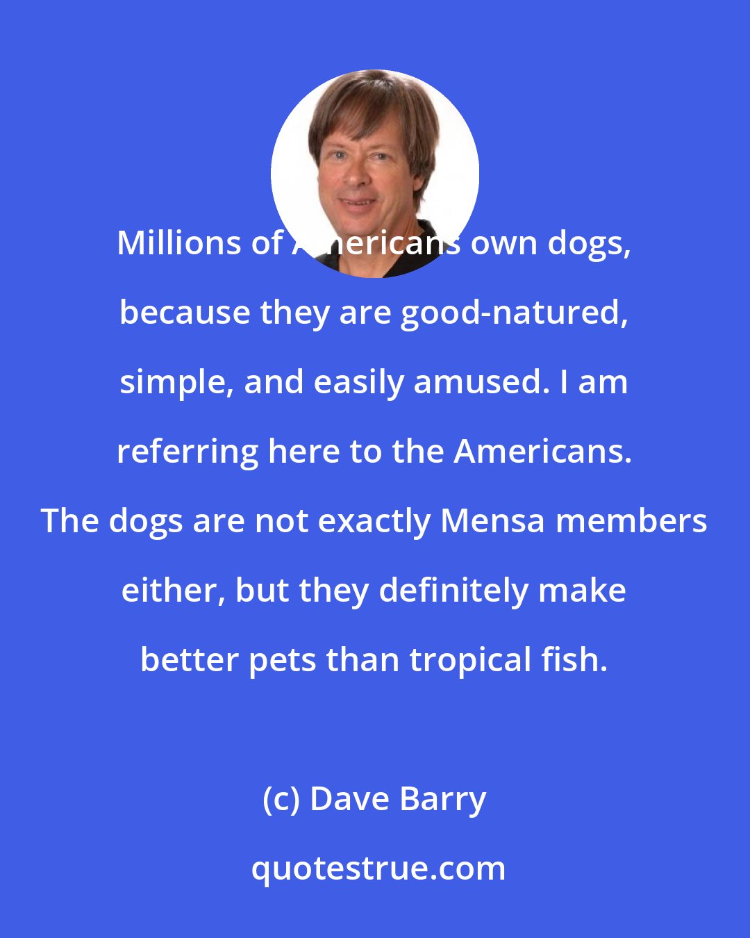 Dave Barry: Millions of Americans own dogs, because they are good-natured, simple, and easily amused. I am referring here to the Americans. The dogs are not exactly Mensa members either, but they definitely make better pets than tropical fish.