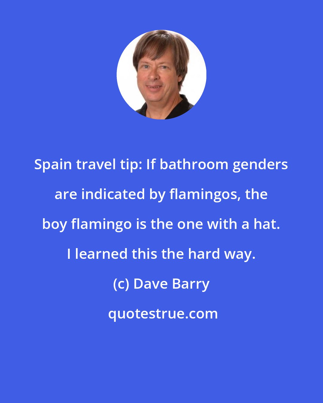 Dave Barry: Spain travel tip: If bathroom genders are indicated by flamingos, the boy flamingo is the one with a hat. I learned this the hard way.