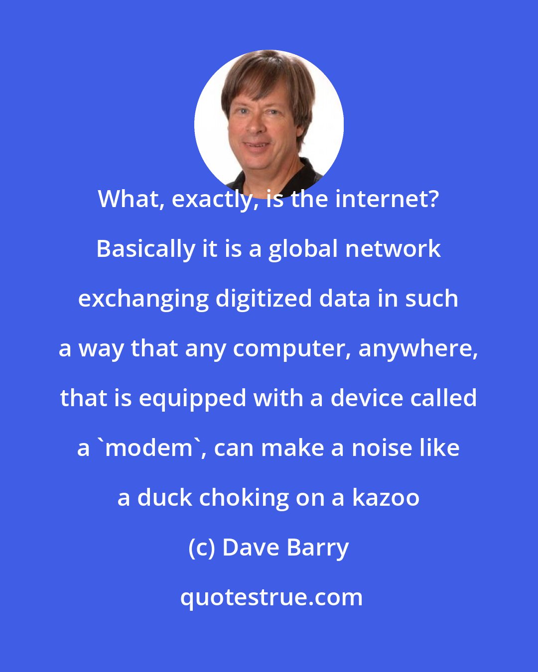 Dave Barry: What, exactly, is the internet? Basically it is a global network exchanging digitized data in such a way that any computer, anywhere, that is equipped with a device called a 'modem', can make a noise like a duck choking on a kazoo