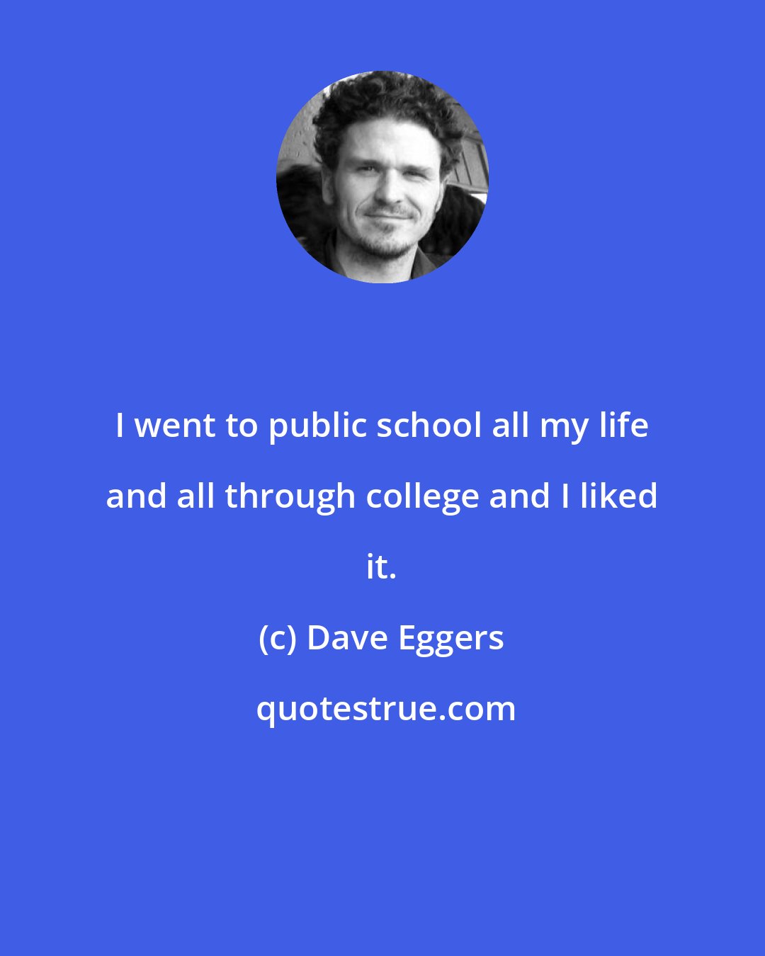 Dave Eggers: I went to public school all my life and all through college and I liked it.