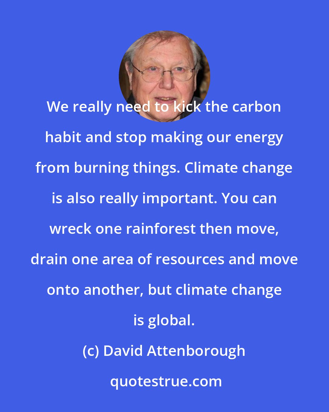 David Attenborough: We really need to kick the carbon habit and stop making our energy from burning things. Climate change is also really important. You can wreck one rainforest then move, drain one area of resources and move onto another, but climate change is global.