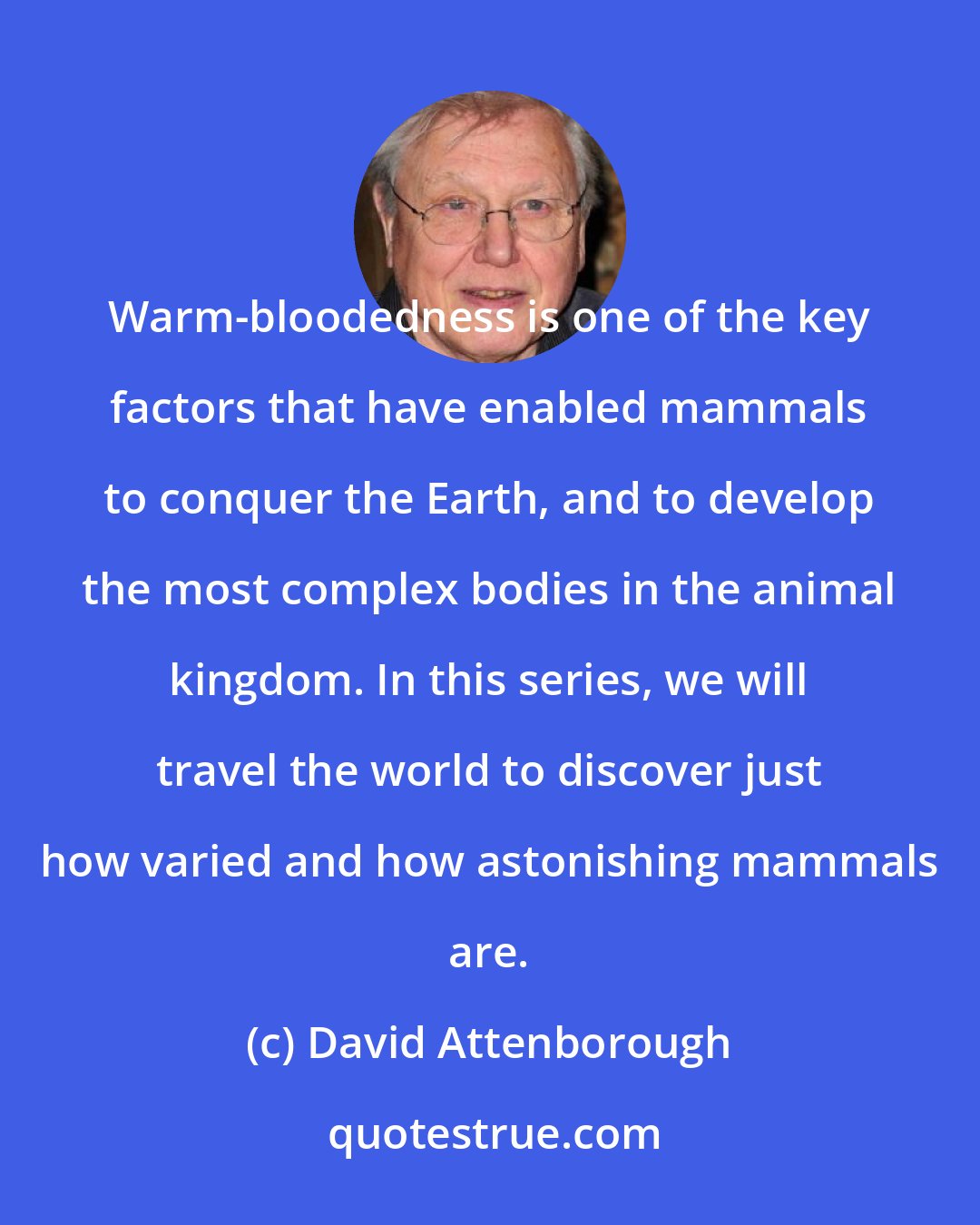 David Attenborough: Warm-bloodedness is one of the key factors that have enabled mammals to conquer the Earth, and to develop the most complex bodies in the animal kingdom. In this series, we will travel the world to discover just how varied and how astonishing mammals are.