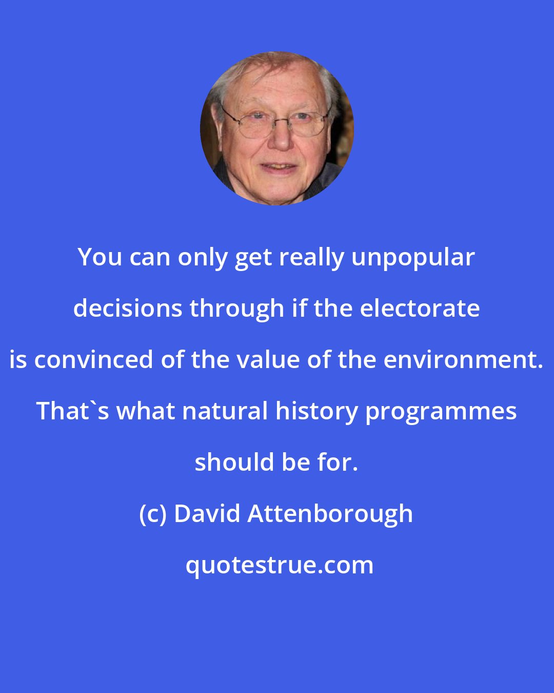 David Attenborough: You can only get really unpopular decisions through if the electorate is convinced of the value of the environment. That's what natural history programmes should be for.