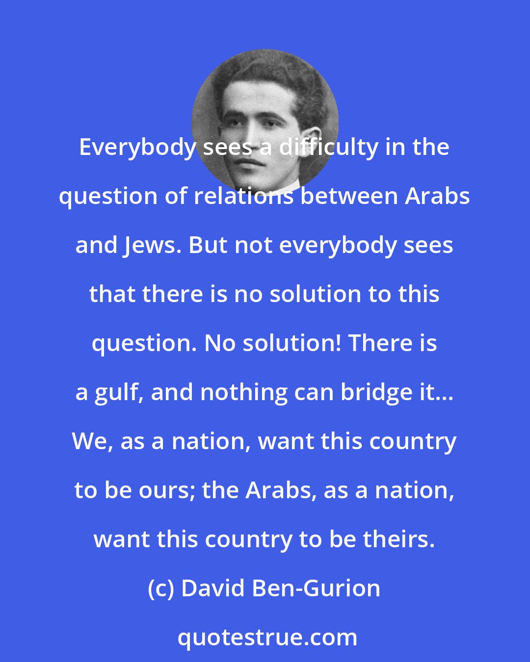 David Ben-Gurion: Everybody sees a difficulty in the question of relations between Arabs and Jews. But not everybody sees that there is no solution to this question. No solution! There is a gulf, and nothing can bridge it... We, as a nation, want this country to be ours; the Arabs, as a nation, want this country to be theirs.