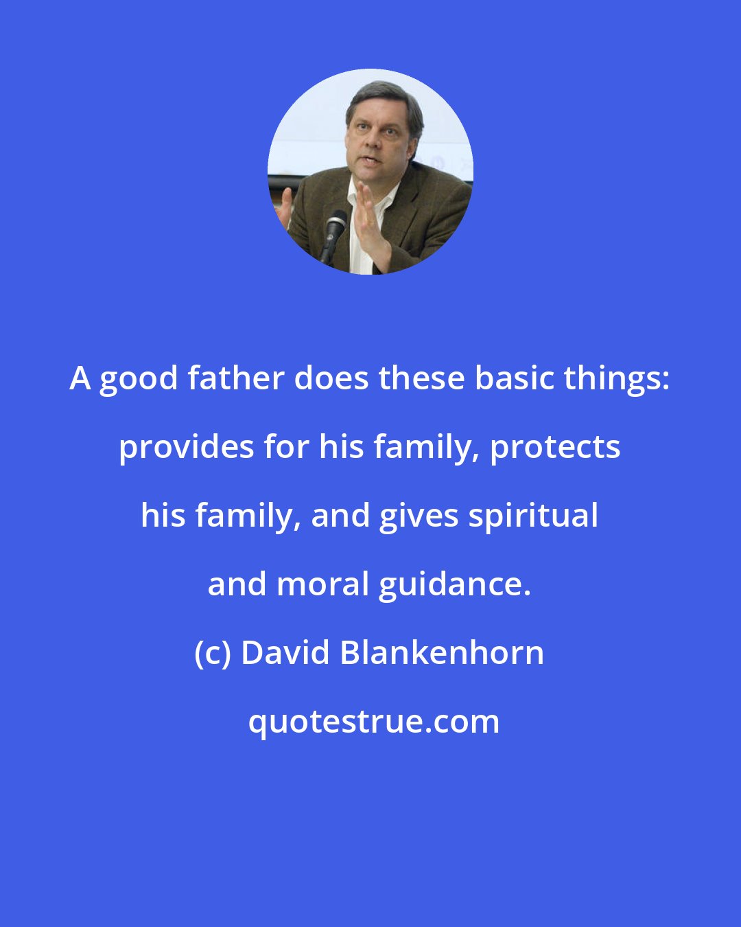 David Blankenhorn: A good father does these basic things: provides for his family, protects his family, and gives spiritual and moral guidance.