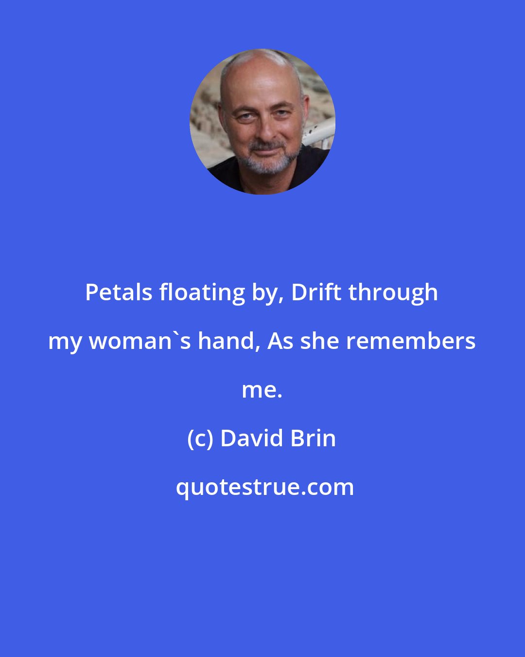 David Brin: Petals floating by, Drift through my woman's hand, As she remembers me.