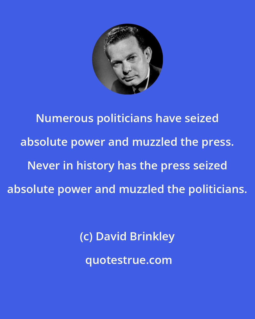 David Brinkley: Numerous politicians have seized absolute power and muzzled the press. Never in history has the press seized absolute power and muzzled the politicians.