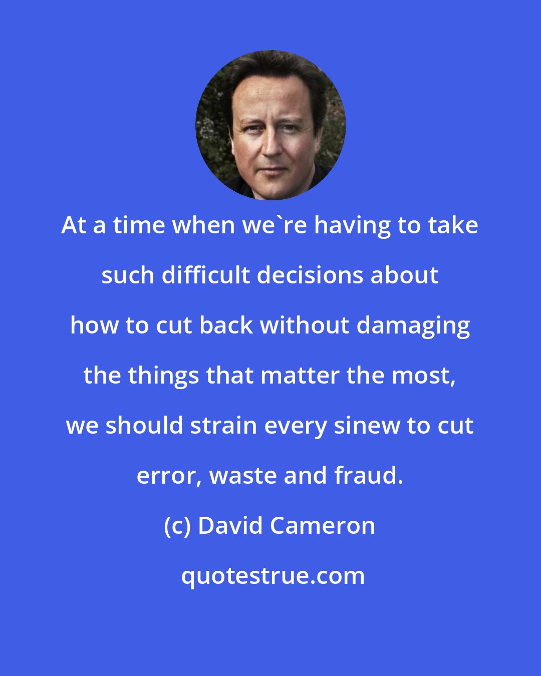 David Cameron: At a time when we're having to take such difficult decisions about how to cut back without damaging the things that matter the most, we should strain every sinew to cut error, waste and fraud.