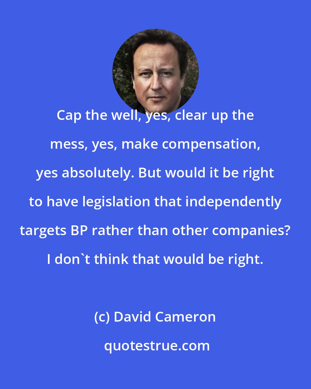 David Cameron: Cap the well, yes, clear up the mess, yes, make compensation, yes absolutely. But would it be right to have legislation that independently targets BP rather than other companies? I don't think that would be right.