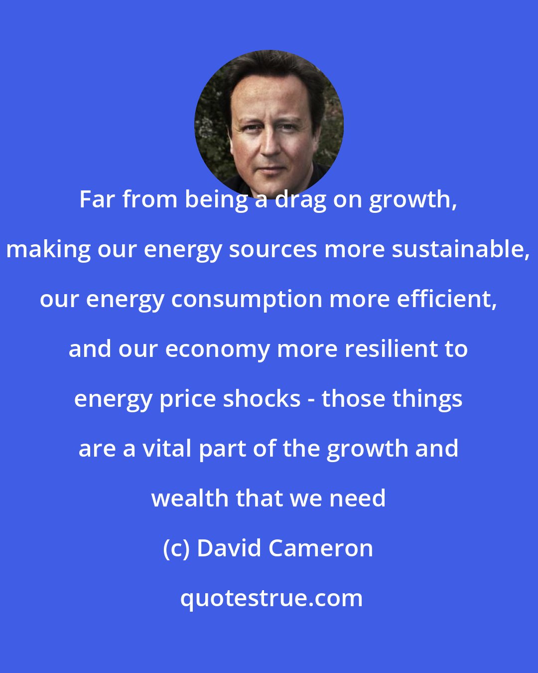 David Cameron: Far from being a drag on growth, making our energy sources more sustainable, our energy consumption more efficient, and our economy more resilient to energy price shocks - those things are a vital part of the growth and wealth that we need