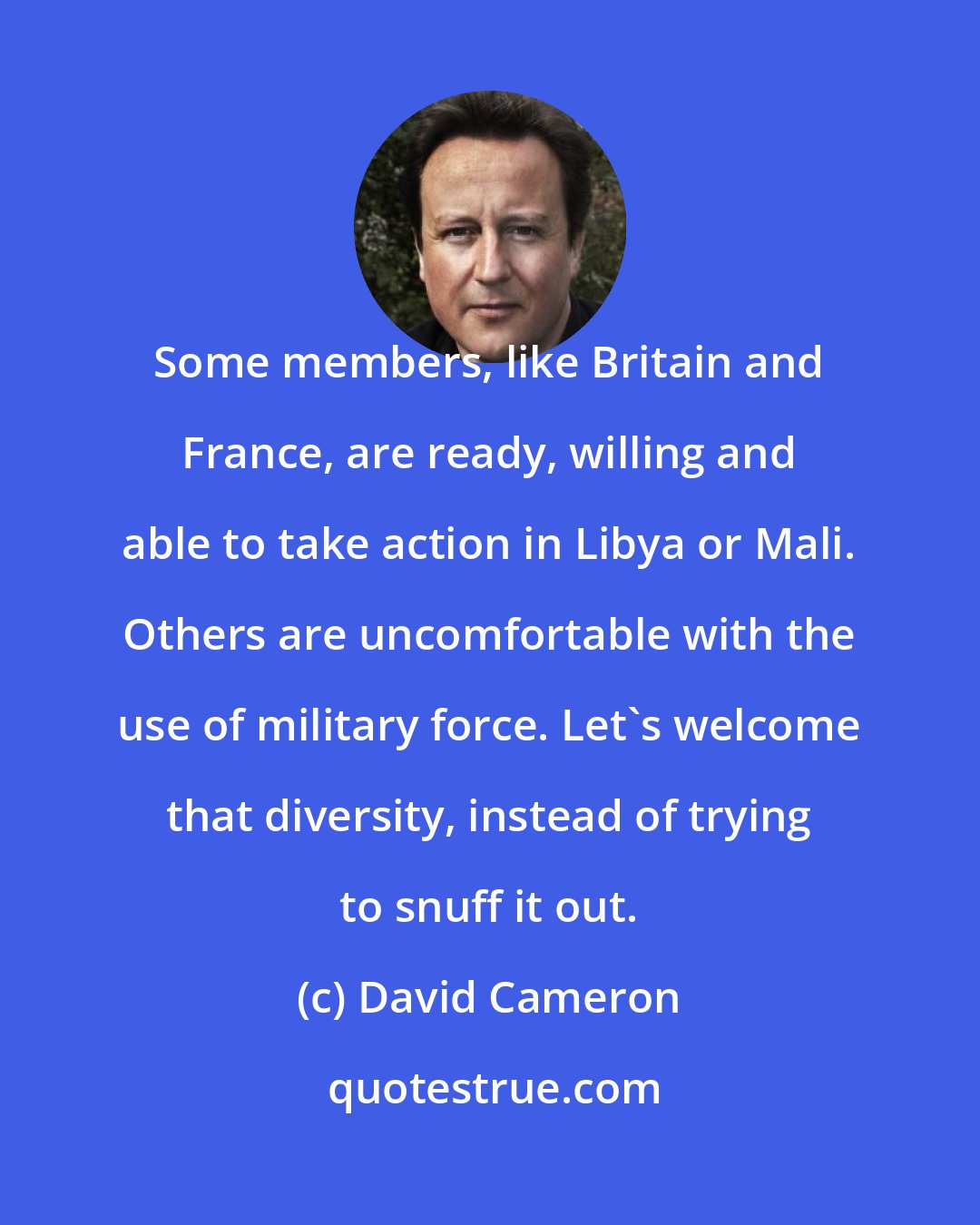 David Cameron: Some members, like Britain and France, are ready, willing and able to take action in Libya or Mali. Others are uncomfortable with the use of military force. Let's welcome that diversity, instead of trying to snuff it out.