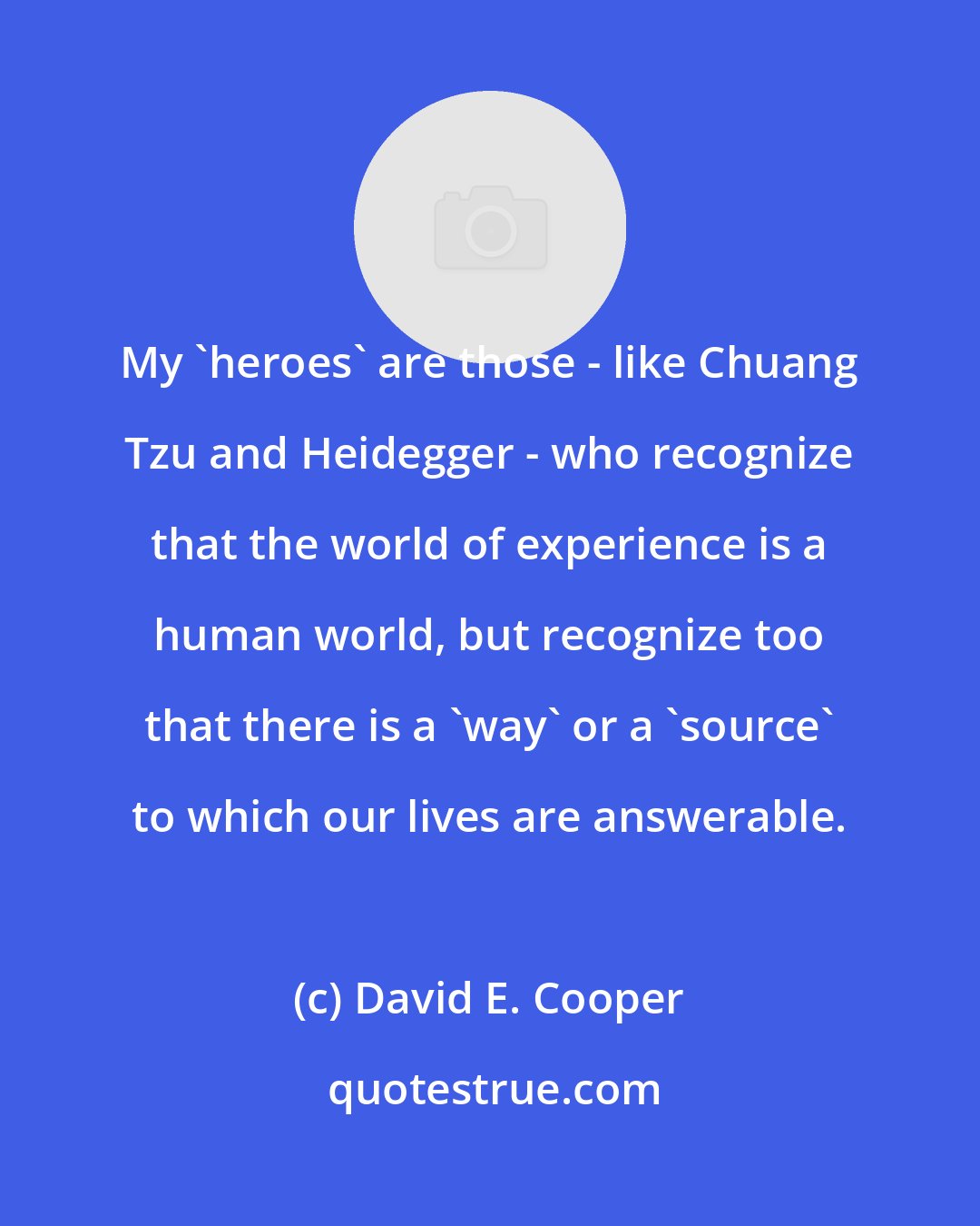 David E. Cooper: My 'heroes' are those - like Chuang Tzu and Heidegger - who recognize that the world of experience is a human world, but recognize too that there is a 'way' or a 'source' to which our lives are answerable.