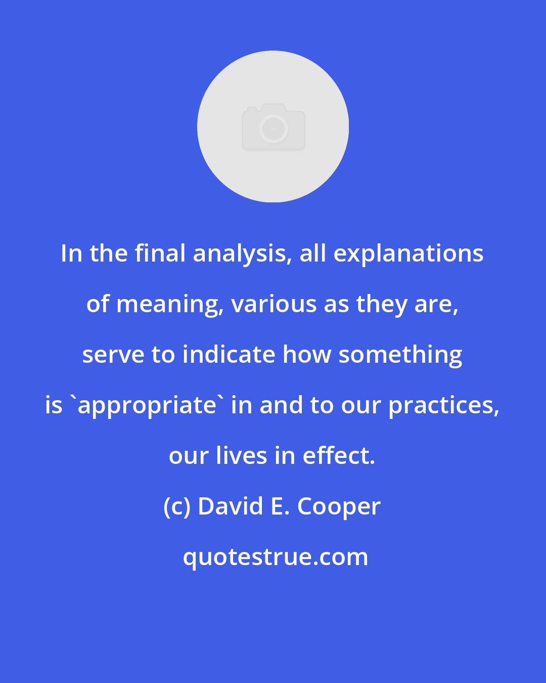 David E. Cooper: In the final analysis, all explanations of meaning, various as they are, serve to indicate how something is 'appropriate' in and to our practices, our lives in effect.