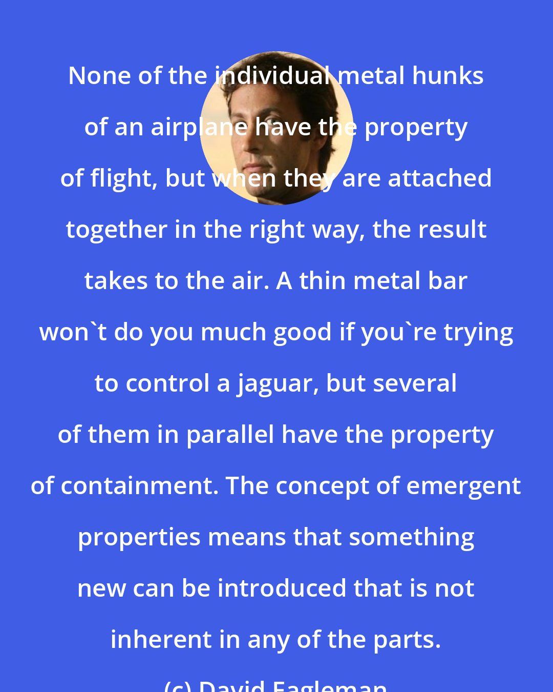 David Eagleman: None of the individual metal hunks of an airplane have the property of ﬂight, but when they are attached together in the right way, the result takes to the air. A thin metal bar won't do you much good if you're trying to control a jaguar, but several of them in parallel have the property of containment. The concept of emergent properties means that something new can be introduced that is not inherent in any of the parts.