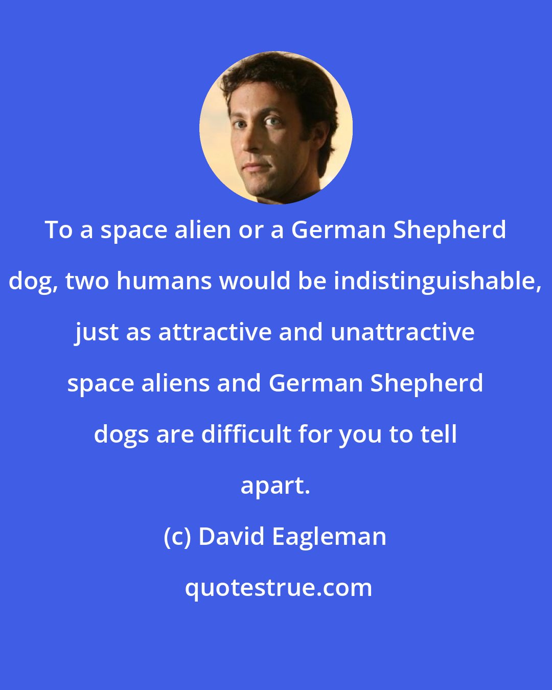 David Eagleman: To a space alien or a German Shepherd dog, two humans would be indistinguishable, just as attractive and unattractive space aliens and German Shepherd dogs are difficult for you to tell apart.