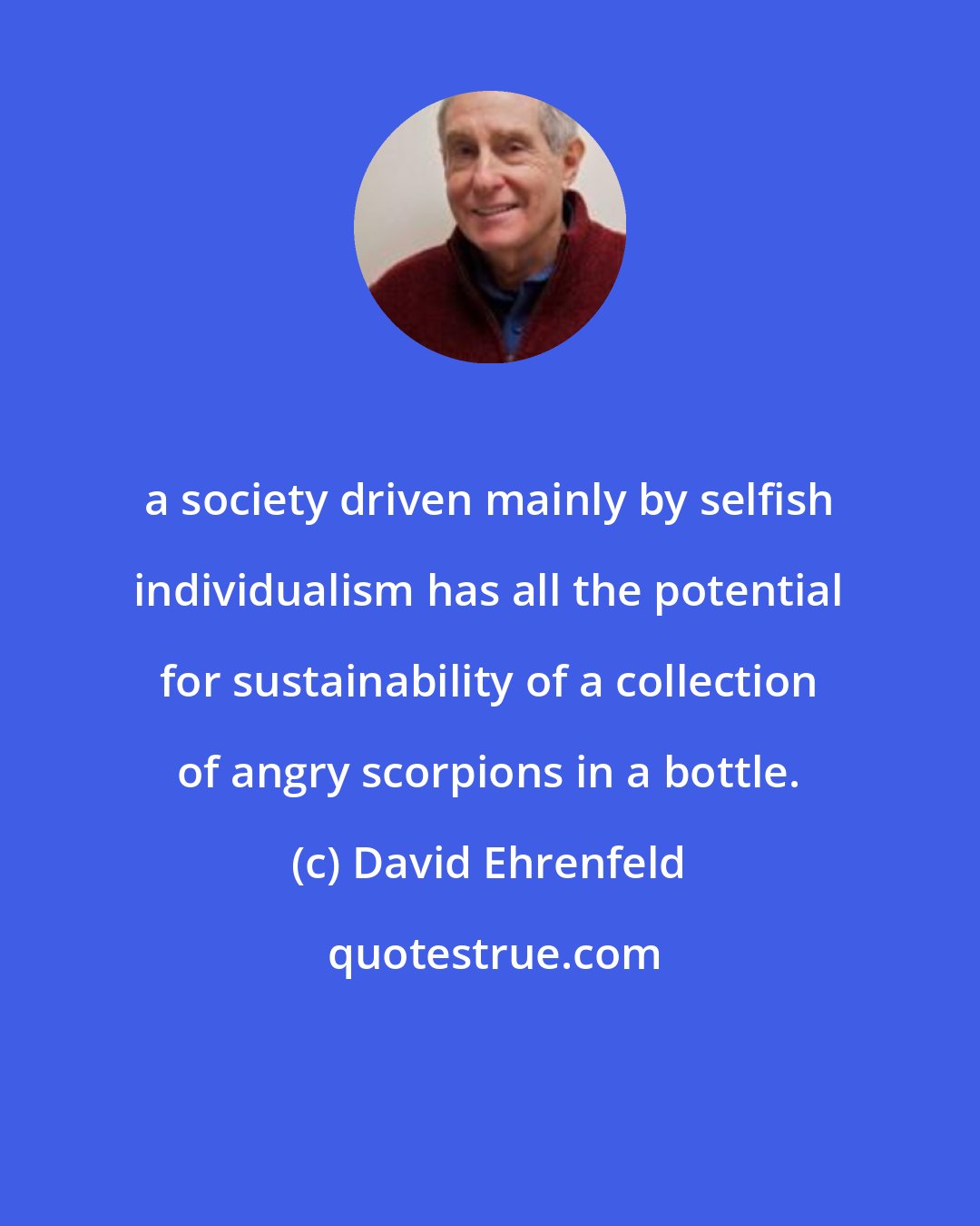 David Ehrenfeld: a society driven mainly by selfish individualism has all the potential for sustainability of a collection of angry scorpions in a bottle.