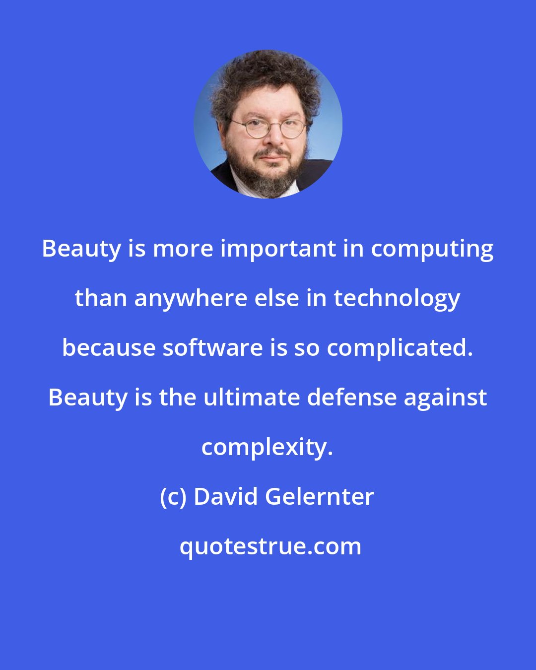 David Gelernter: Beauty is more important in computing than anywhere else in technology because software is so complicated. Beauty is the ultimate defense against complexity.