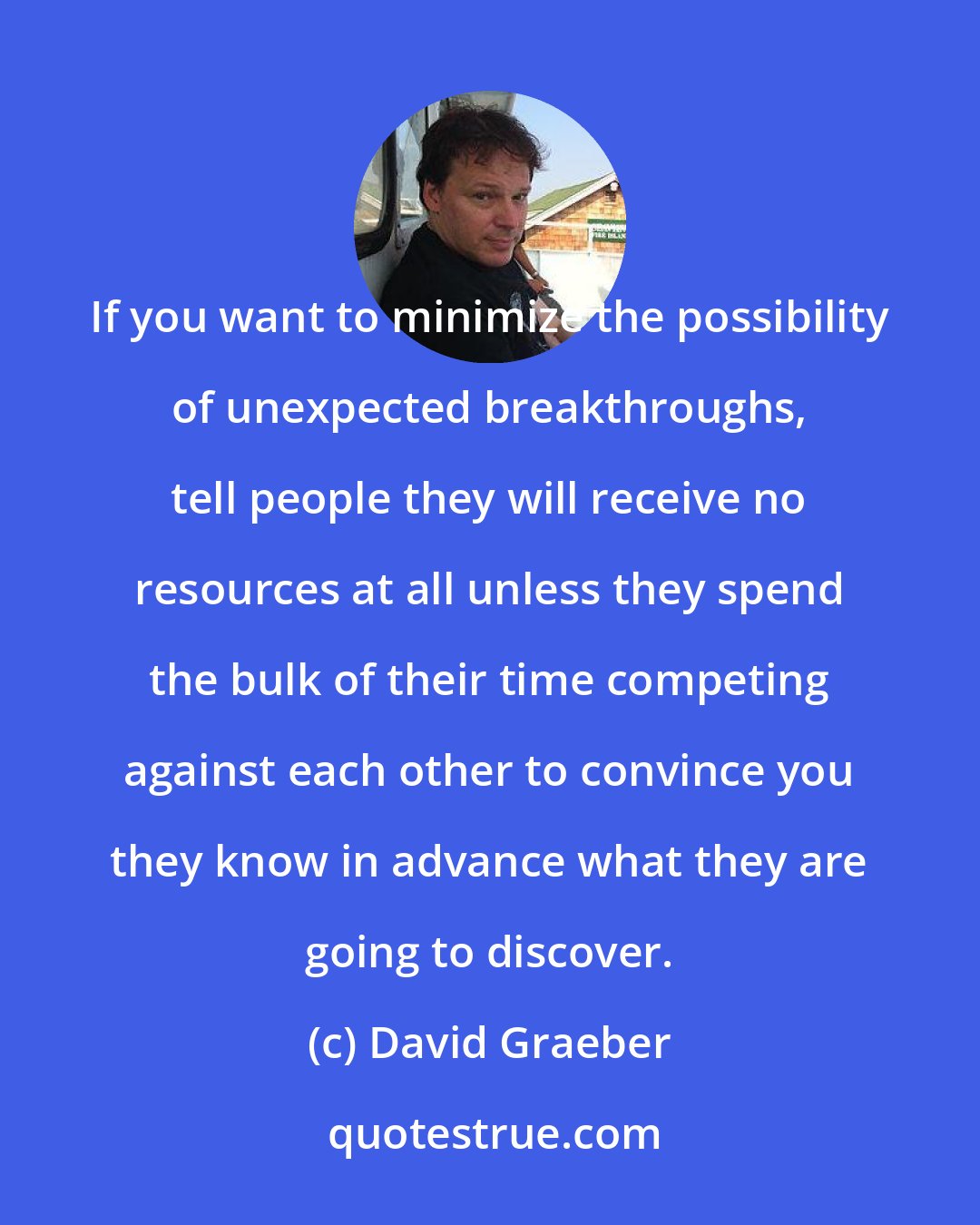 David Graeber: If you want to minimize the possibility of unexpected breakthroughs, tell people they will receive no resources at all unless they spend the bulk of their time competing against each other to convince you they know in advance what they are going to discover.