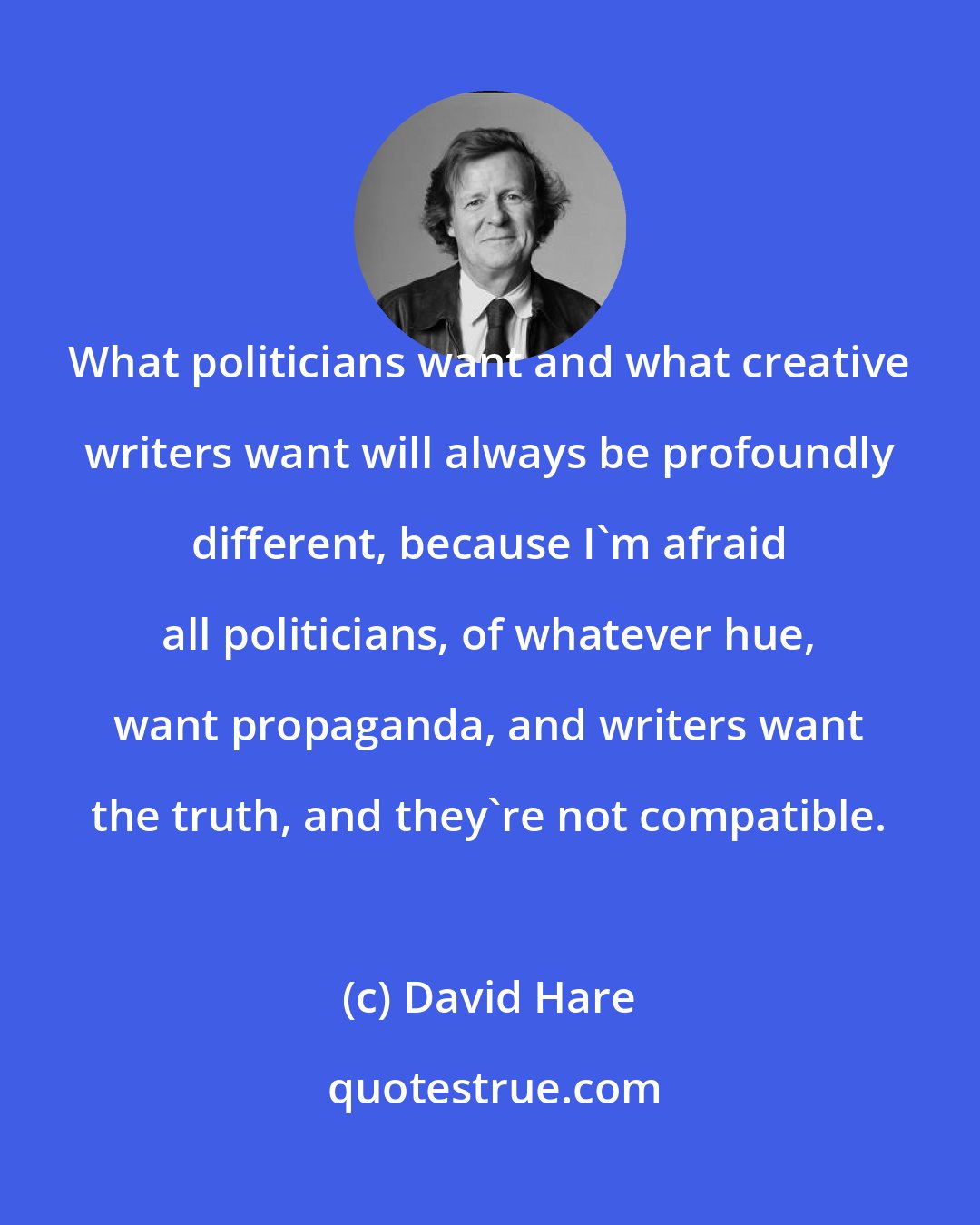 David Hare: What politicians want and what creative writers want will always be profoundly different, because I'm afraid all politicians, of whatever hue, want propaganda, and writers want the truth, and they're not compatible.