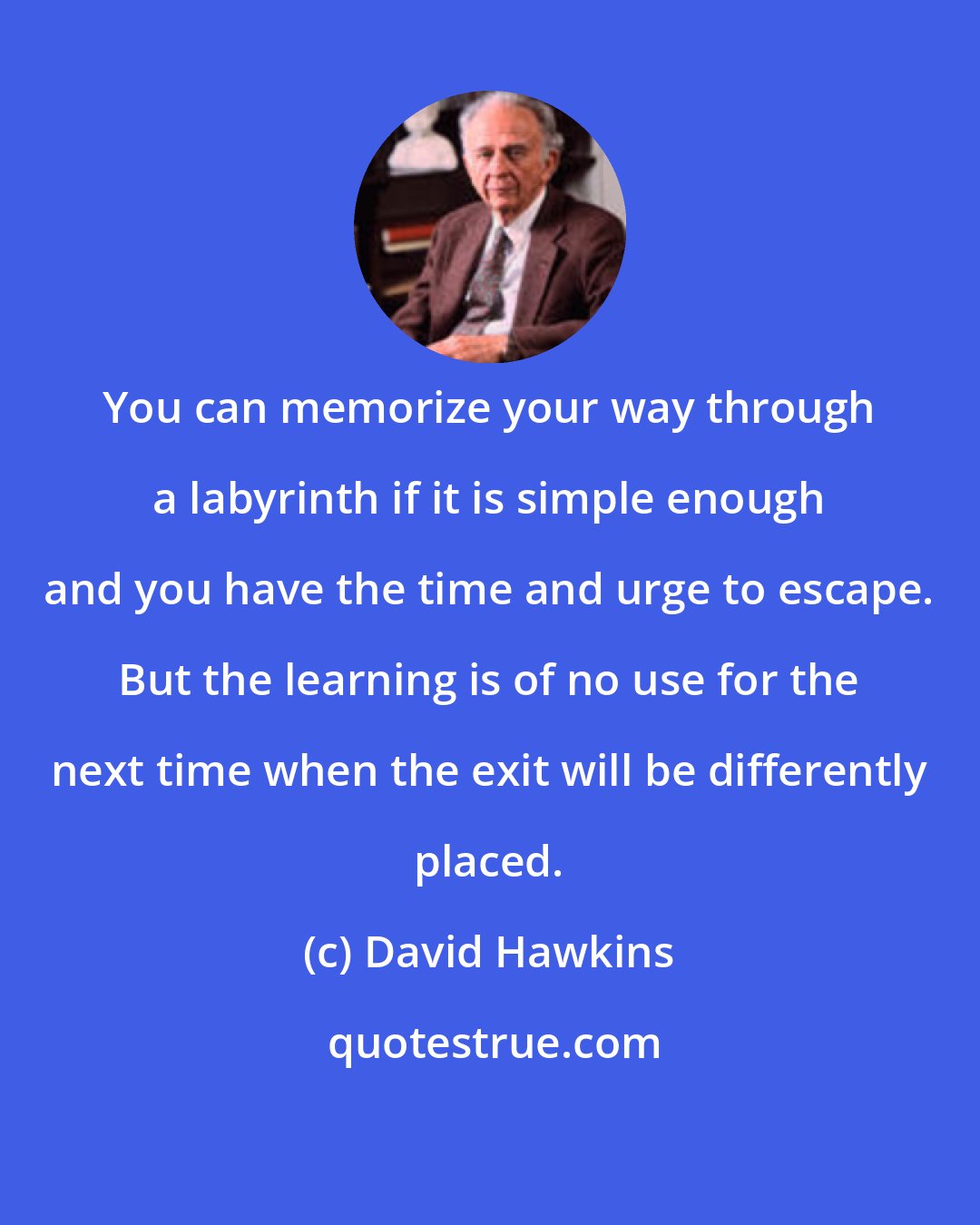 David Hawkins: You can memorize your way through a labyrinth if it is simple enough and you have the time and urge to escape. But the learning is of no use for the next time when the exit will be differently placed.