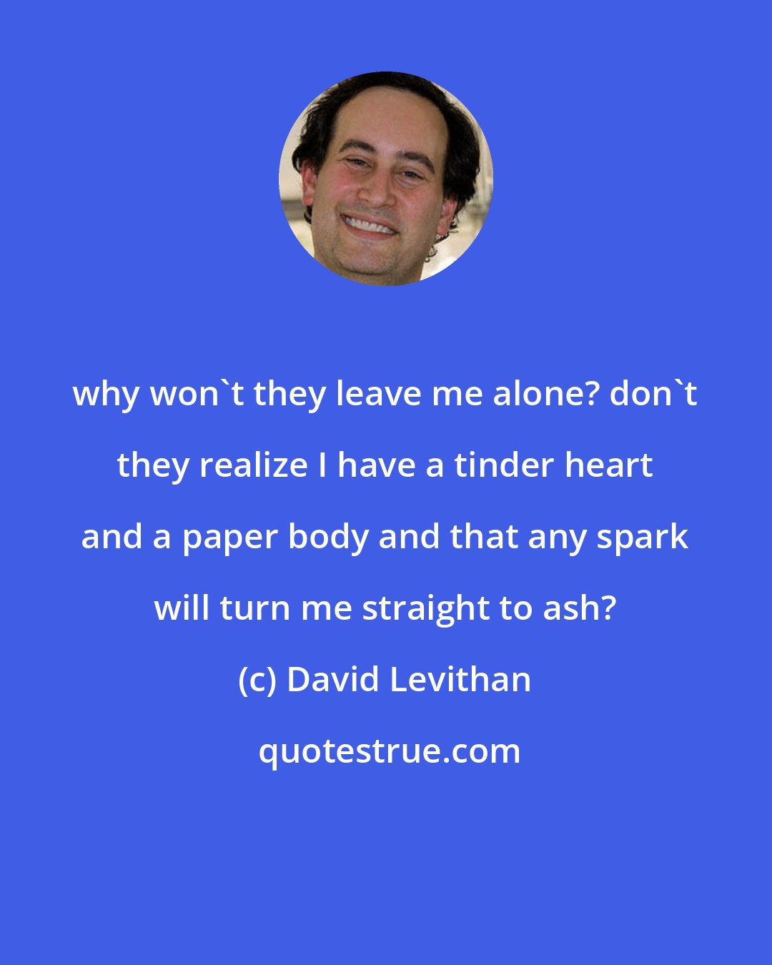 David Levithan: why won't they leave me alone? don't they realize I have a tinder heart and a paper body and that any spark will turn me straight to ash?