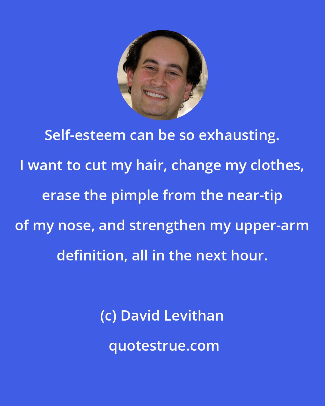 David Levithan: Self-esteem can be so exhausting. I want to cut my hair, change my clothes, erase the pimple from the near-tip of my nose, and strengthen my upper-arm definition, all in the next hour.