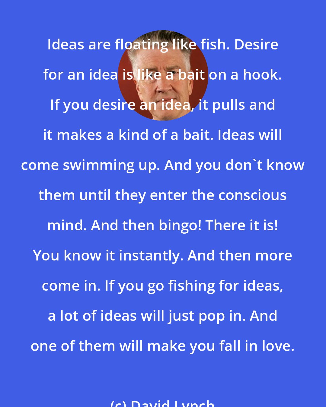 David Lynch: Ideas are floating like fish. Desire for an idea is like a bait on a hook. If you desire an idea, it pulls and it makes a kind of a bait. Ideas will come swimming up. And you don't know them until they enter the conscious mind. And then bingo! There it is! You know it instantly. And then more come in. If you go fishing for ideas, a lot of ideas will just pop in. And one of them will make you fall in love.