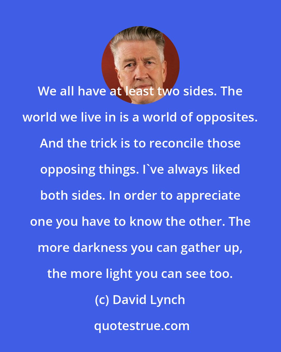 David Lynch: We all have at least two sides. The world we live in is a world of opposites. And the trick is to reconcile those opposing things. I've always liked both sides. In order to appreciate one you have to know the other. The more darkness you can gather up, the more light you can see too.