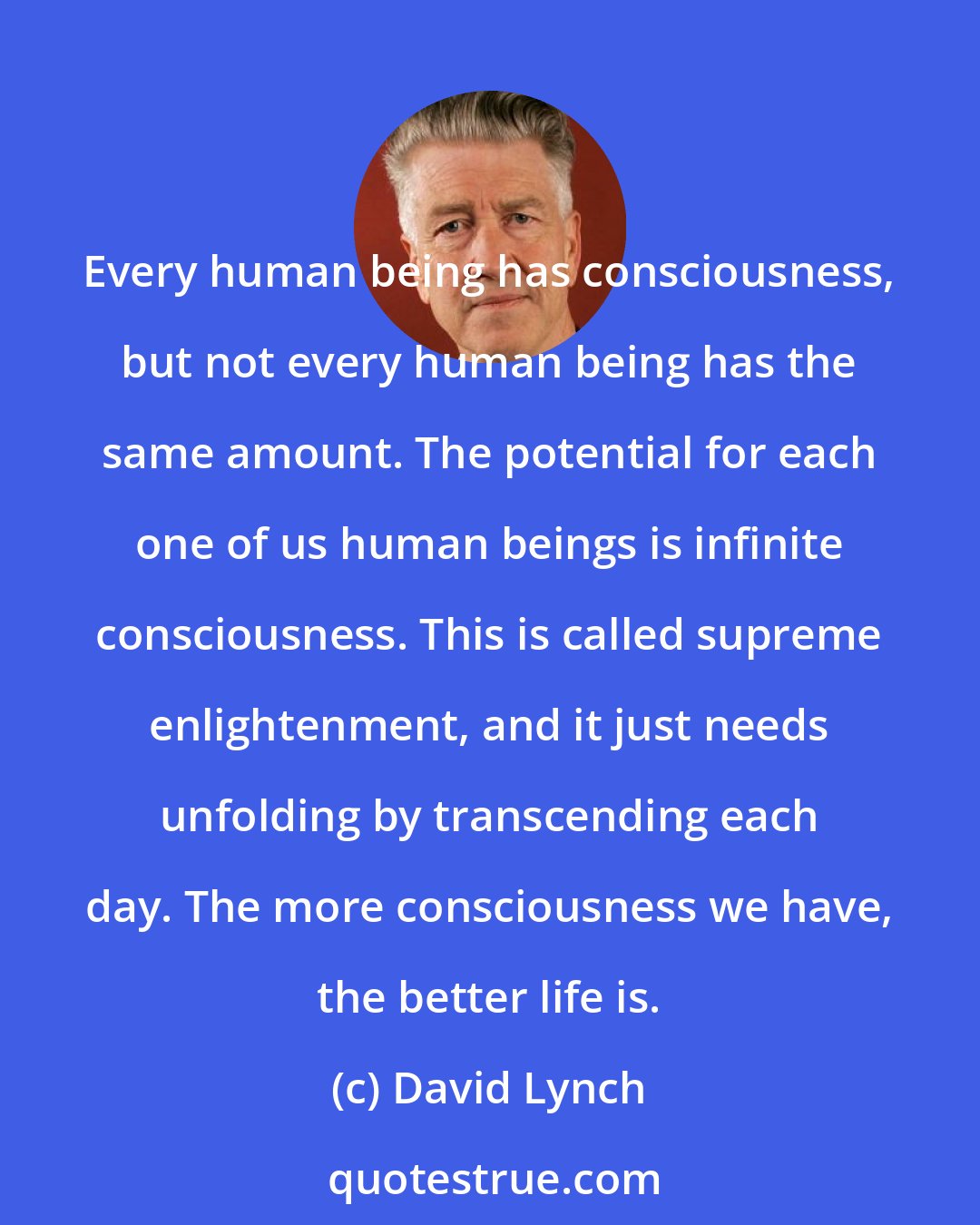 David Lynch: Every human being has consciousness, but not every human being has the same amount. The potential for each one of us human beings is infinite consciousness. This is called supreme enlightenment, and it just needs unfolding by transcending each day. The more consciousness we have, the better life is.