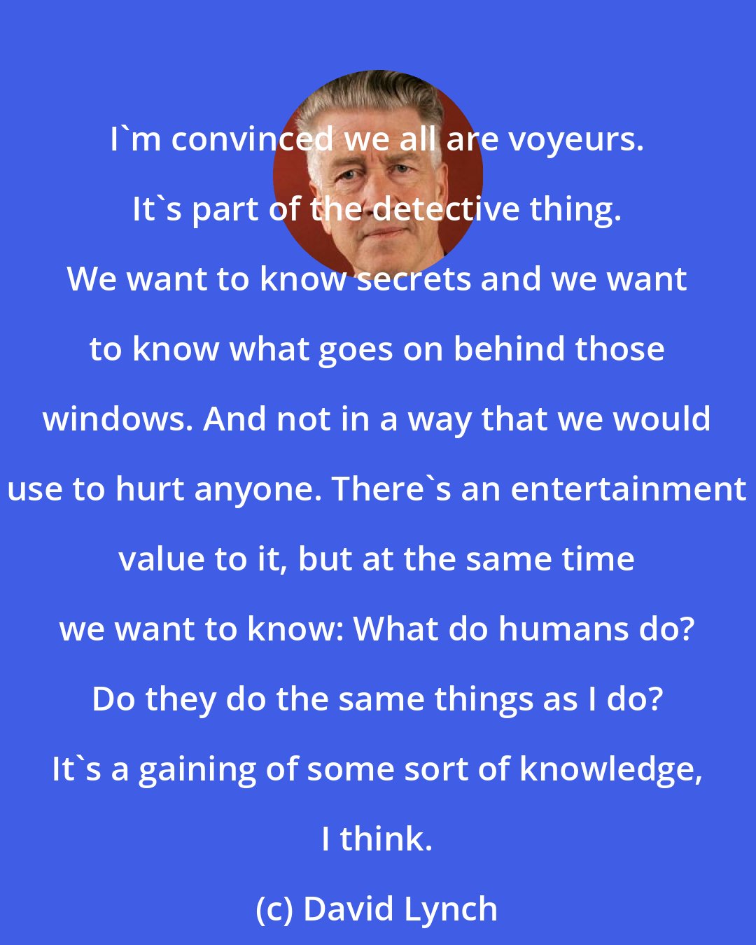 David Lynch: I'm convinced we all are voyeurs. It's part of the detective thing. We want to know secrets and we want to know what goes on behind those windows. And not in a way that we would use to hurt anyone. There's an entertainment value to it, but at the same time we want to know: What do humans do? Do they do the same things as I do? It's a gaining of some sort of knowledge, I think.