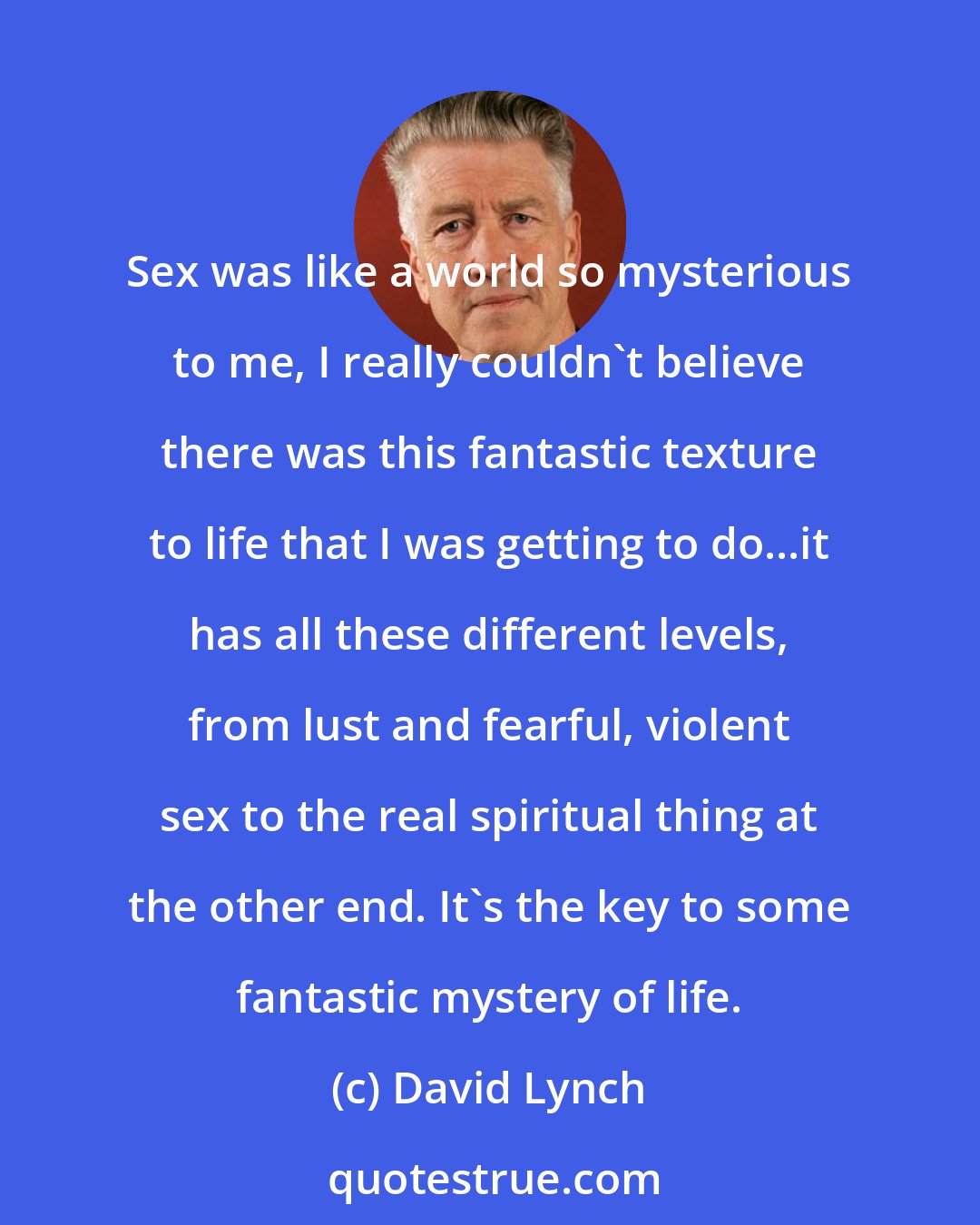 David Lynch: Sex was like a world so mysterious to me, I really couldn't believe there was this fantastic texture to life that I was getting to do...it has all these different levels, from lust and fearful, violent sex to the real spiritual thing at the other end. It's the key to some fantastic mystery of life.