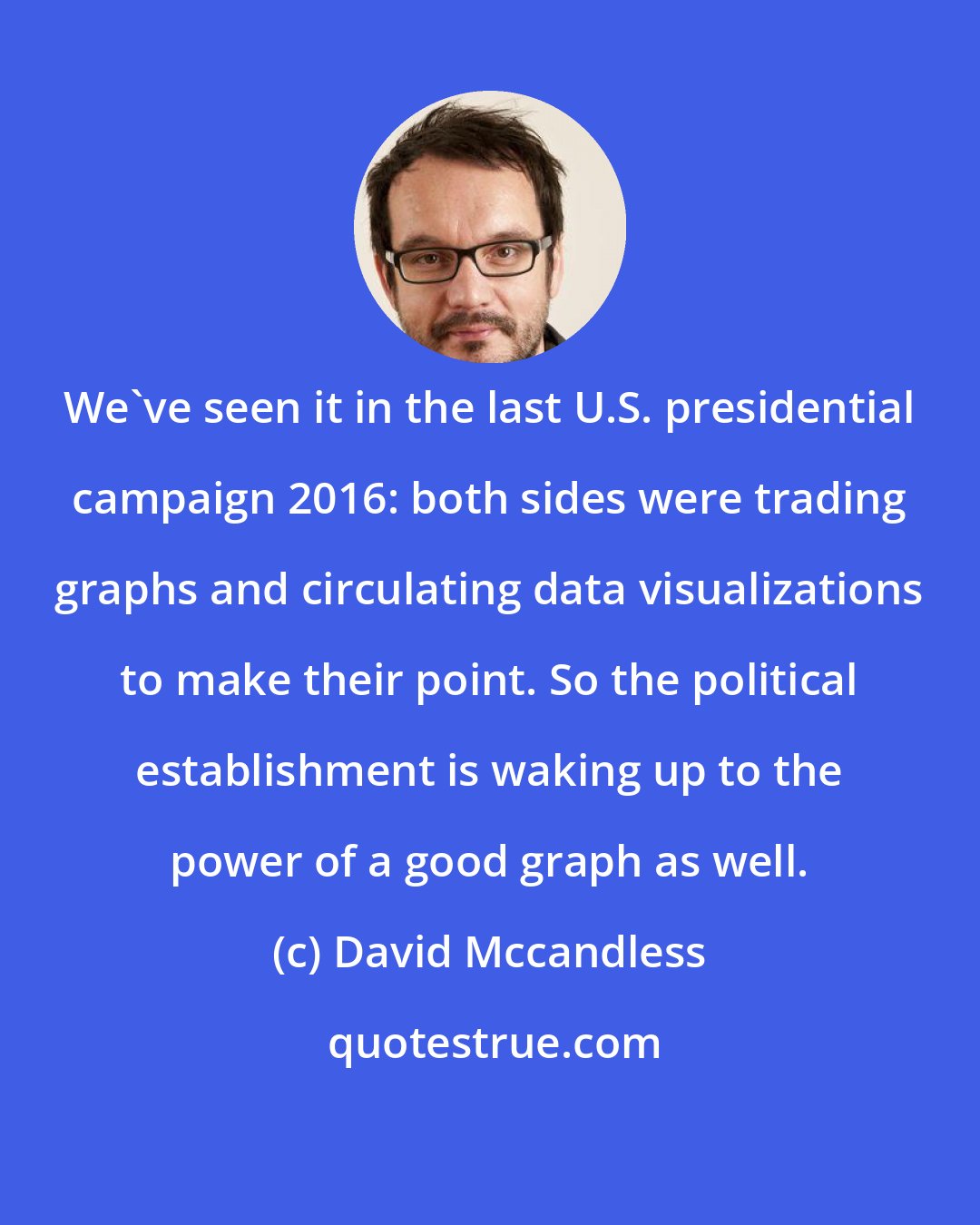 David Mccandless: We've seen it in the last U.S. presidential campaign 2016: both sides were trading graphs and circulating data visualizations to make their point. So the political establishment is waking up to the power of a good graph as well.