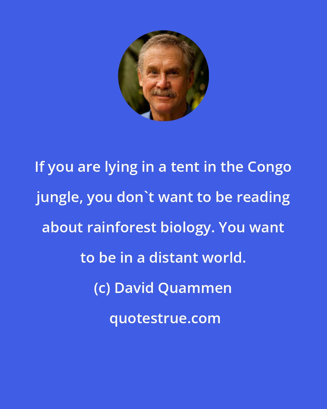 David Quammen: If you are lying in a tent in the Congo jungle, you don't want to be reading about rainforest biology. You want to be in a distant world.