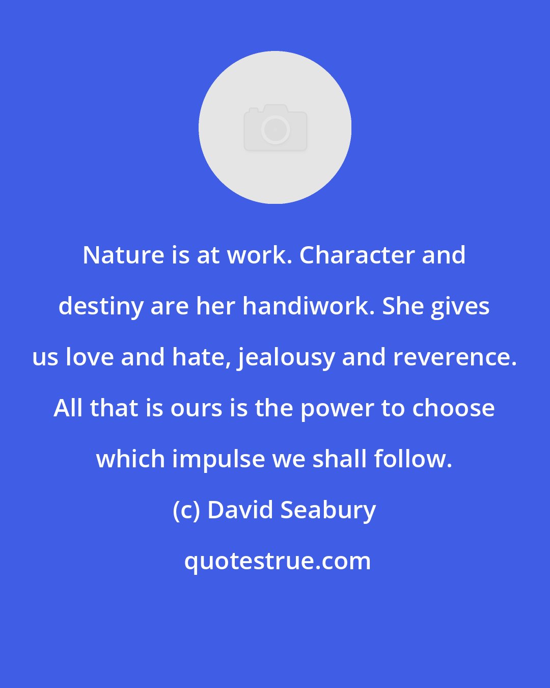 David Seabury: Nature is at work. Character and destiny are her handiwork. She gives us love and hate, jealousy and reverence. All that is ours is the power to choose which impulse we shall follow.