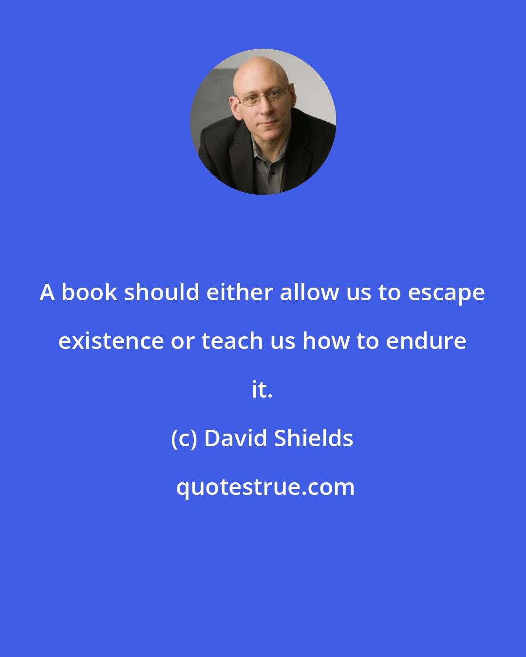 David Shields: A book should either allow us to escape existence or teach us how to endure it.