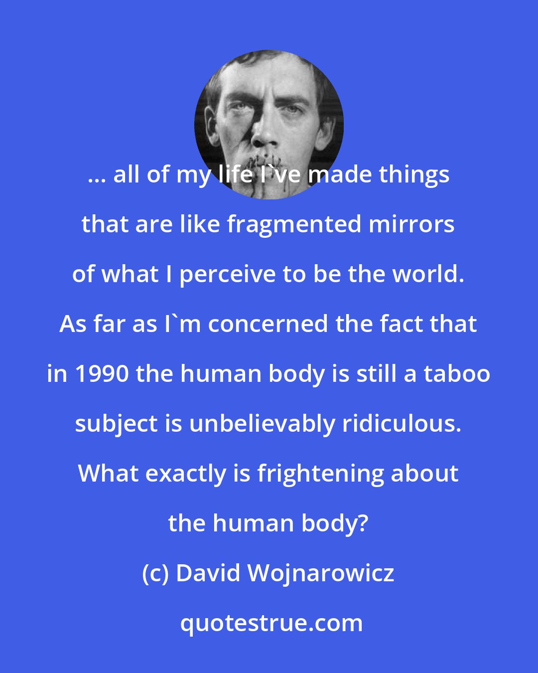 David Wojnarowicz: ... all of my life I've made things that are like fragmented mirrors of what I perceive to be the world. As far as I'm concerned the fact that in 1990 the human body is still a taboo subject is unbelievably ridiculous. What exactly is frightening about the human body?
