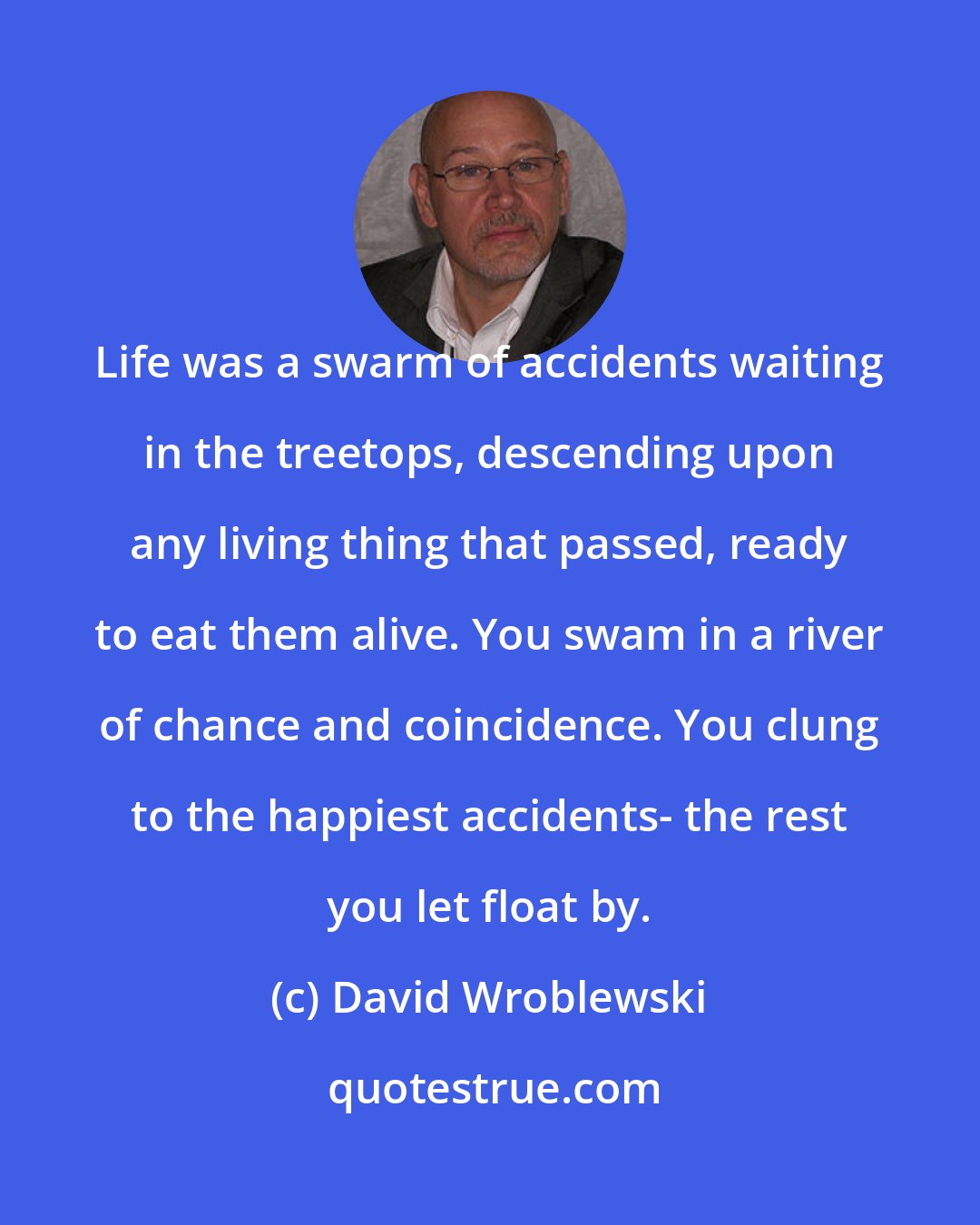 David Wroblewski: Life was a swarm of accidents waiting in the treetops, descending upon any living thing that passed, ready to eat them alive. You swam in a river of chance and coincidence. You clung to the happiest accidents- the rest you let float by.