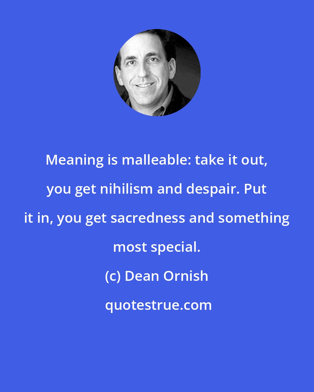 Dean Ornish: Meaning is malleable: take it out, you get nihilism and despair. Put it in, you get sacredness and something most special.