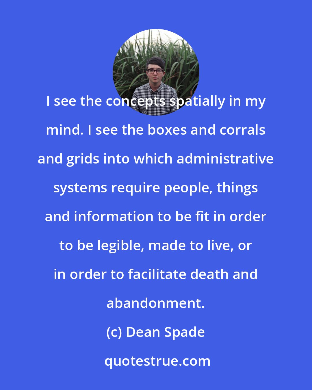 Dean Spade: I see the concepts spatially in my mind. I see the boxes and corrals and grids into which administrative systems require people, things and information to be fit in order to be legible, made to live, or in order to facilitate death and abandonment.