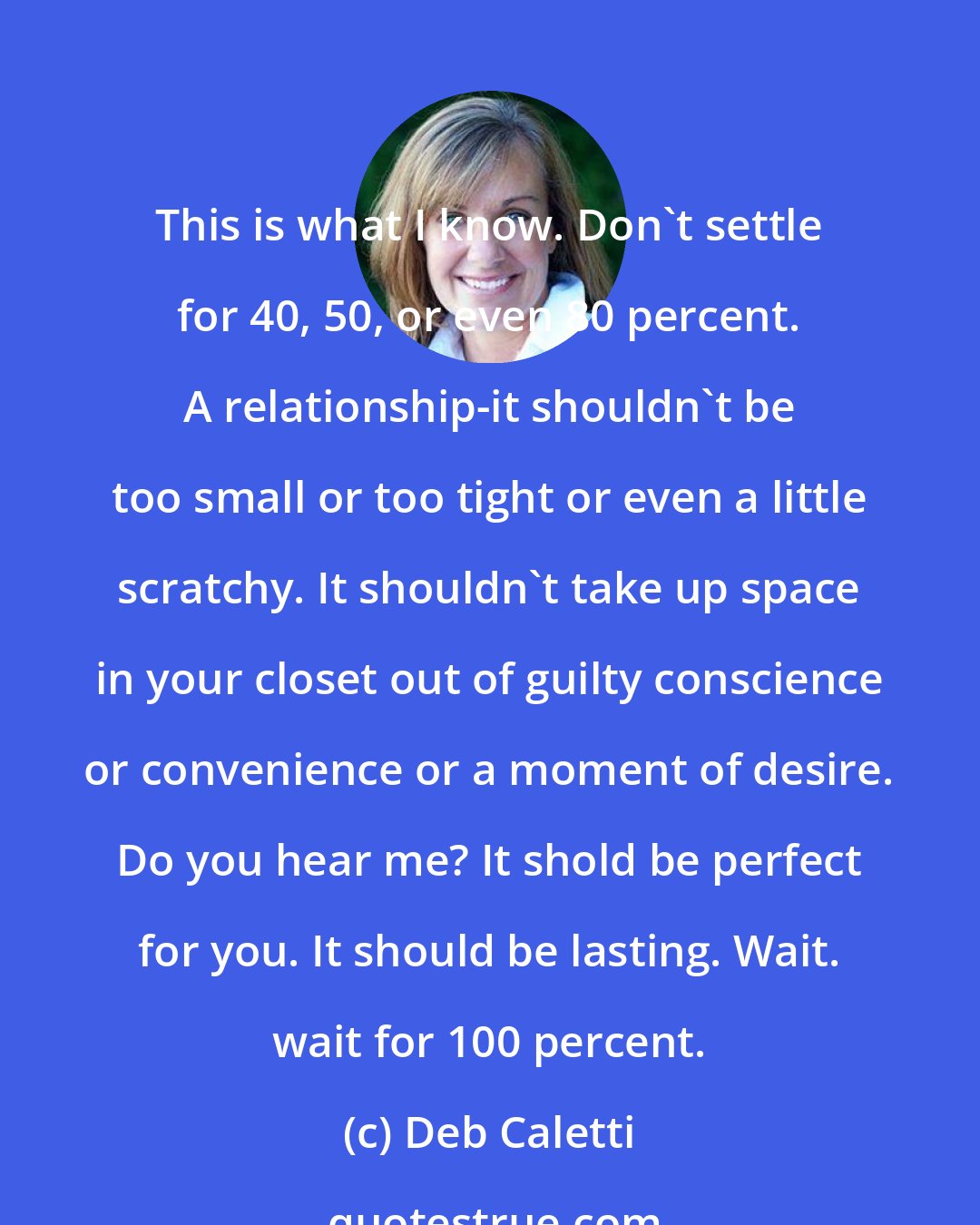 Deb Caletti: This is what I know. Don't settle for 40, 50, or even 80 percent. A relationship-it shouldn't be too small or too tight or even a little scratchy. It shouldn't take up space in your closet out of guilty conscience or convenience or a moment of desire. Do you hear me? It shold be perfect for you. It should be lasting. Wait. wait for 100 percent.