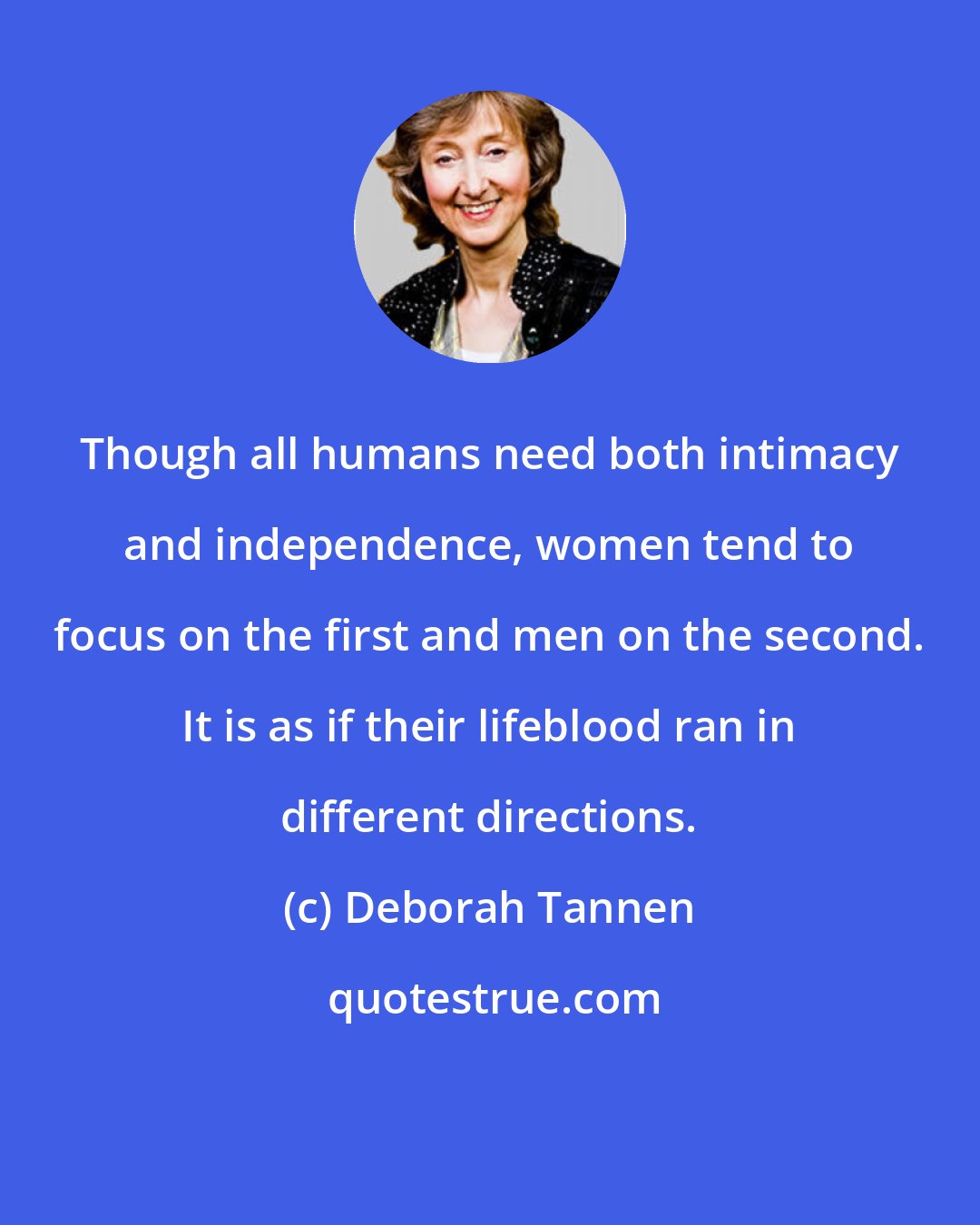 Deborah Tannen: Though all humans need both intimacy and independence, women tend to focus on the first and men on the second. It is as if their lifeblood ran in different directions.